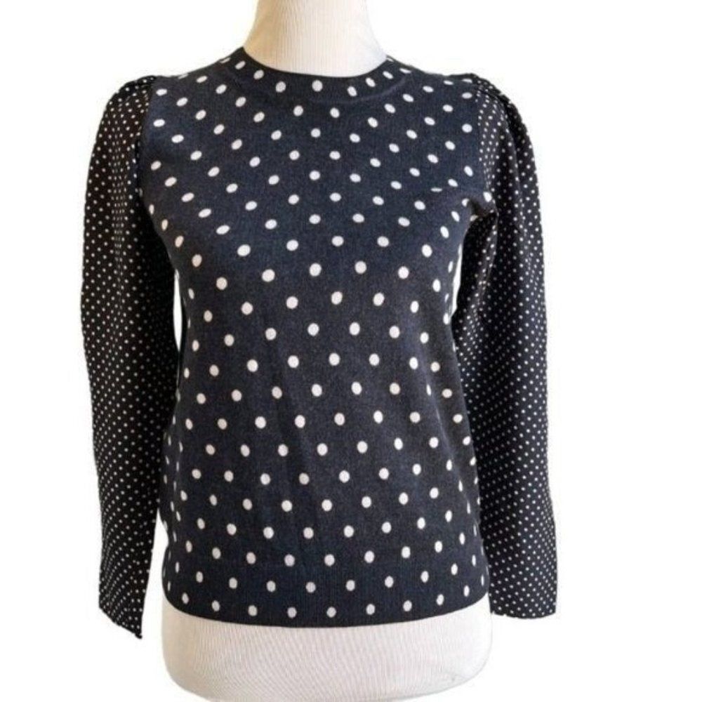 Rebecca Taylor Navy Wool Silk Sleeve Dot Print Pullover Sweater Size S NWT